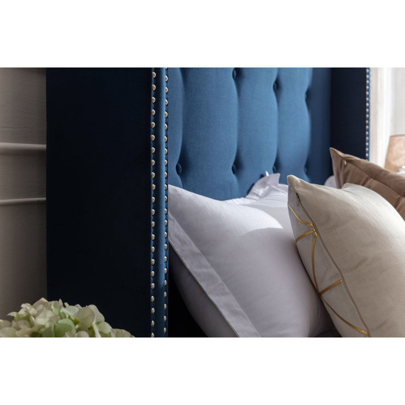 Upholstered Queen Bed Frame, 54" Headboard, Handmade Tufting, Nailhead Trim Wingback, Blue Velvet, No Box Spring, Quick Build Charming Spring Not Needed, Easy Assembly Video