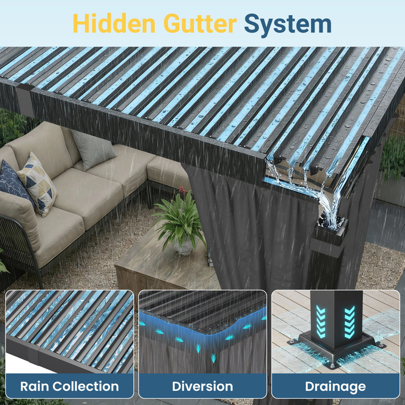 Aluminum 12' x 16' Pergola with Curtains & Netting, Outdoor Pergola with Adjustable Metal Louvers & Hidden Drainage, Weather Resistant Louvered Pergola for Backyard, Poolside, Dark Gray