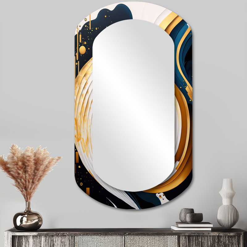Bleu et or, art moderne abstrait III - Miroir mural abstrait moderne aux formes asymétriques, 43 po x 23 po