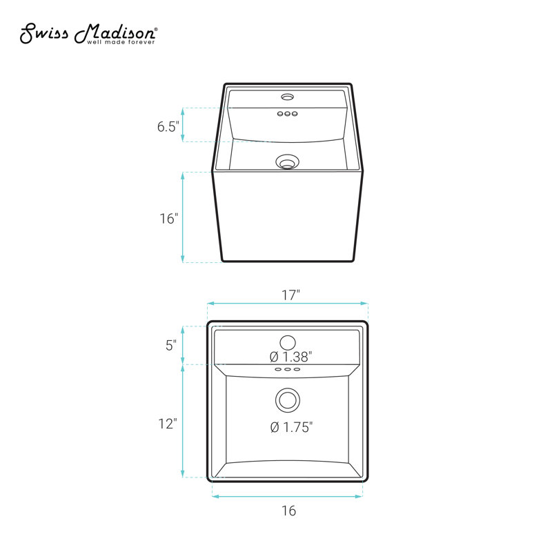 Lavabo de salle de bain mural carré 16,5 po Pur