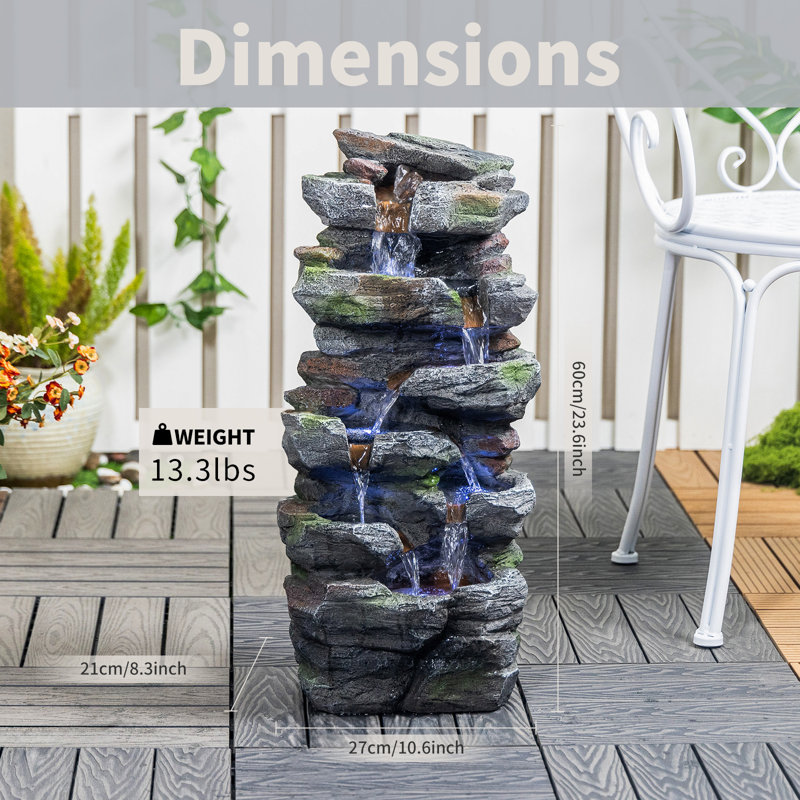 Rock Waterfall Outdoor Fountain With LED Lights Stone Garden Fountains Outdoor Décor For Patio Lawn Backyard Cascading Tiered Outdoor Water Fountain