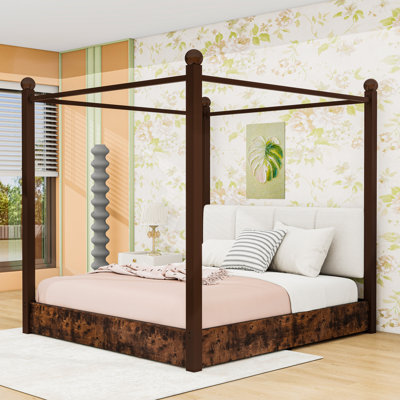 Lit plateforme à baldaquin luxueux avec tête de lit tapissier en lin