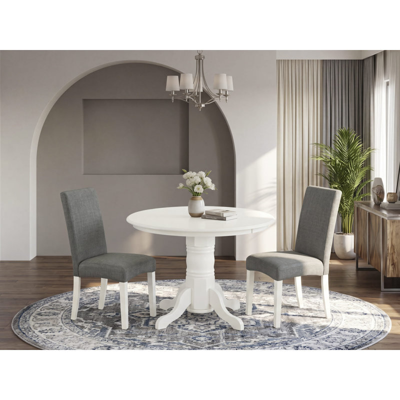 Ensemble de table de salle à manger 3 pièces pour petits espaces comprenant une table de cuisine ronde avec piédestal et 2 chaises de salle à manger Parson en tissu gris, 42 x 42 pouces, lin blanc