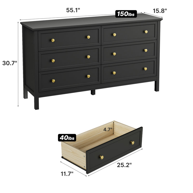 55.1" W 6 Drawer Dresser for Living Room, Bedroom, Black