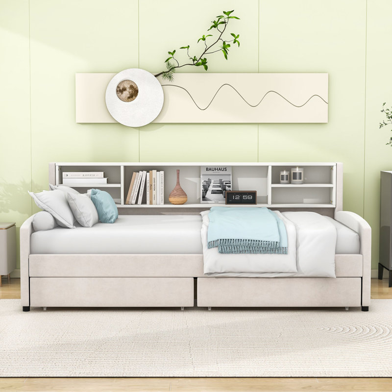 Spence Twin Upholstered Daybed with Storage and Side Shelf, Beige