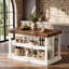 Îlot de cuisine de 140 cm avec rangement, table îlot fixe autoportante à 3 niveaux de style champêtre pour cuisine et salle à manger