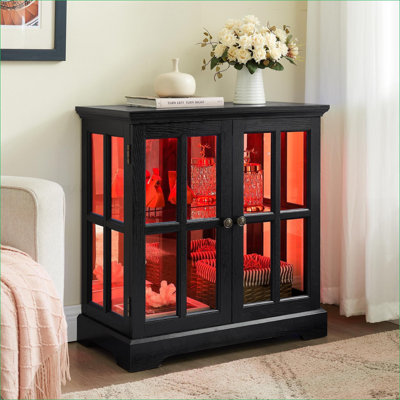 Armoires | Vitrine rétro rétro avec lumières DEL, tablettes en verre réglables, portes en treillis pour la décoration intérieure et amp; Organisation | Panneau de fibres à densité moyenne + verre | Salle à manger