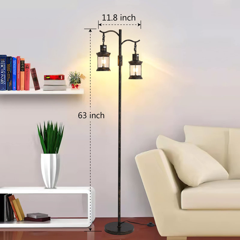 Vintage Dimmable Floor Lamp With 2 Lanterns - Rustic Farmhouse Standing Lamp For Living Room, Bronze Gold Finish Tall Corner Lamp, Modern Traditional Lighting