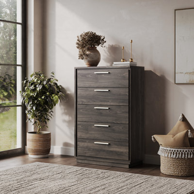 Commode 5 tiroirs, coffre de rangement en bois avec poignées or rose, brun