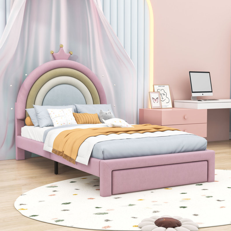 Velvet Upholstered Platform Bed with Rainbow Design Headboard and 2 Drawers, Twin