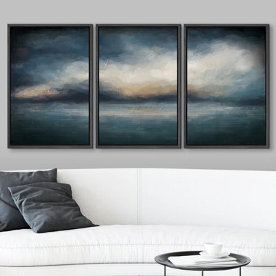 Grunge Abstract Paint Stroke Effect " Storm Cloud Dark Blue Skyline " 3 - Pieces
