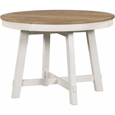 Farmhouse Round Extendable Dining Table With 16"" Leaf Wood Kitchen Table (Oak Natural Wood + Antique White) -  Gracie Oaks, 2564A7127621444AA28E3C5636717571