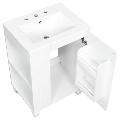 Meuble-lavabo de salle de bain rétro classique 24,6 po avec lavabo, bois de pin massif, charnières élégantes, compartiments latéraux ouverts, planches de débordement de finition, rangement à fermeture douce, trous de robinet pré-percés