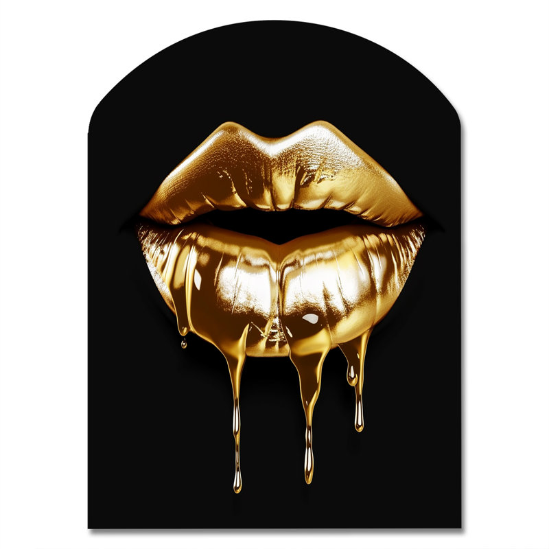 Gold Lips Of Luxury V - Arch Fashion Metal Wall Art, Asymmetrical Metal Wall Sculpture Print, 34" H x 25" W x 1" D