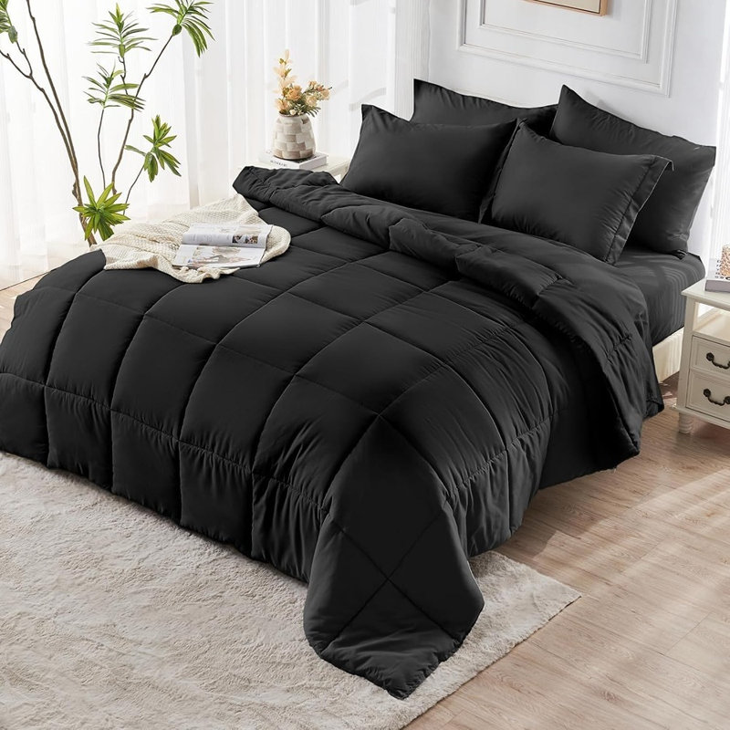 Ensemble d'édredon ultra-doux - Lit noir dans un sac avec édredon en duvet synthétique, draps, taies d'oreiller et taies décoratives, certifié OEKO-TEX, 7 pièces