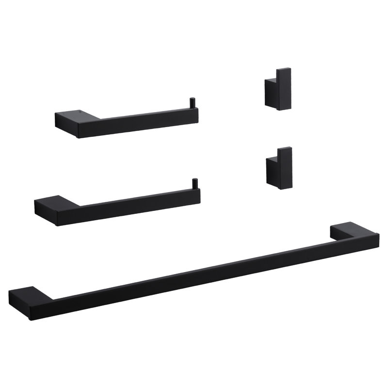 5-Piece Black Decorative Bathroom Hardware Set With Towel Bar,Toilet Paper Holder And Robe Hook