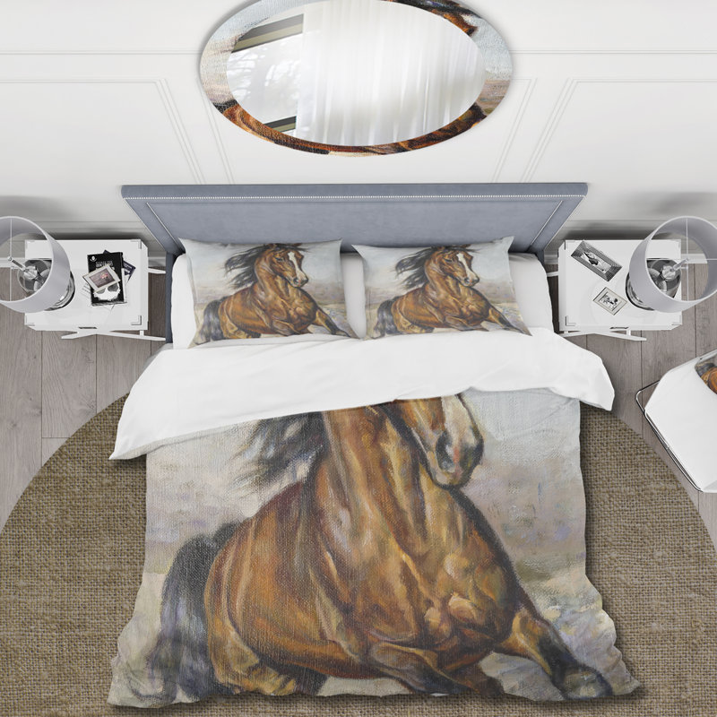 Portrait d'un cheval dans la course - Ensemble de housse de couette Farmhouse - Microfibre de polyester