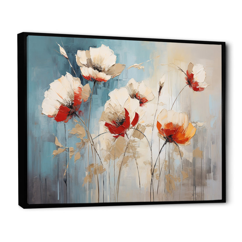 «Beige Poppy Meadow Melody I» sur toile, Cadre flottant noir, H 12 po x l 20 po x P 1 po