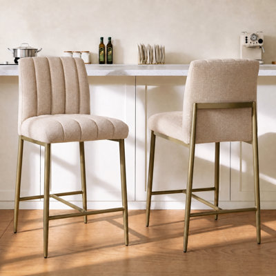 Ensemble de 2 tabourets de bar confortables et rembourrés de 26 po d'épaisseur avec dossier, tabourets de comptoir en lin avec pieds en métal pour îlot de cuisine, kaki