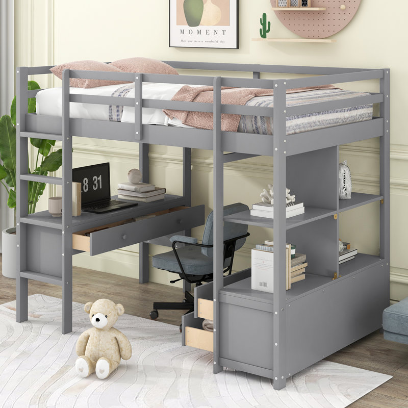 Loft Bed with Built-in Desk with Two Drawers, and Storage Shelves and Drawers, Gray, Twin