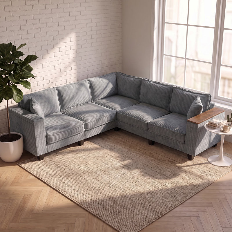 Canapé modulaire en L Corduroy avec rangement pour accoudoirs et sièges profonds, Gray Corduroy