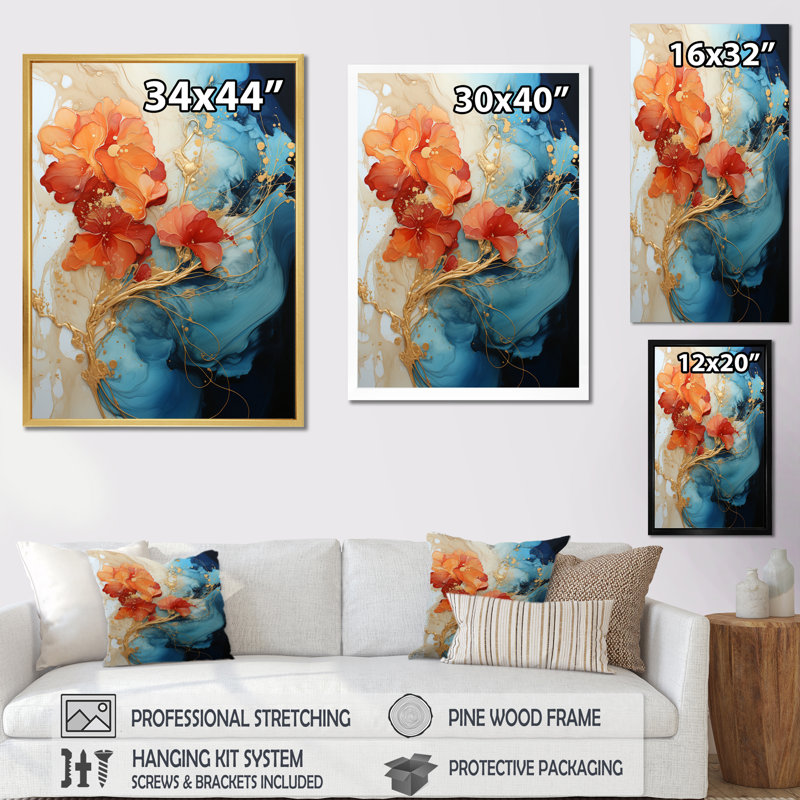 Breelan orange sarcelle abstrait fractal - fractales grand art mural, H 40 po x l 30 po, Impression encadrée, Noir