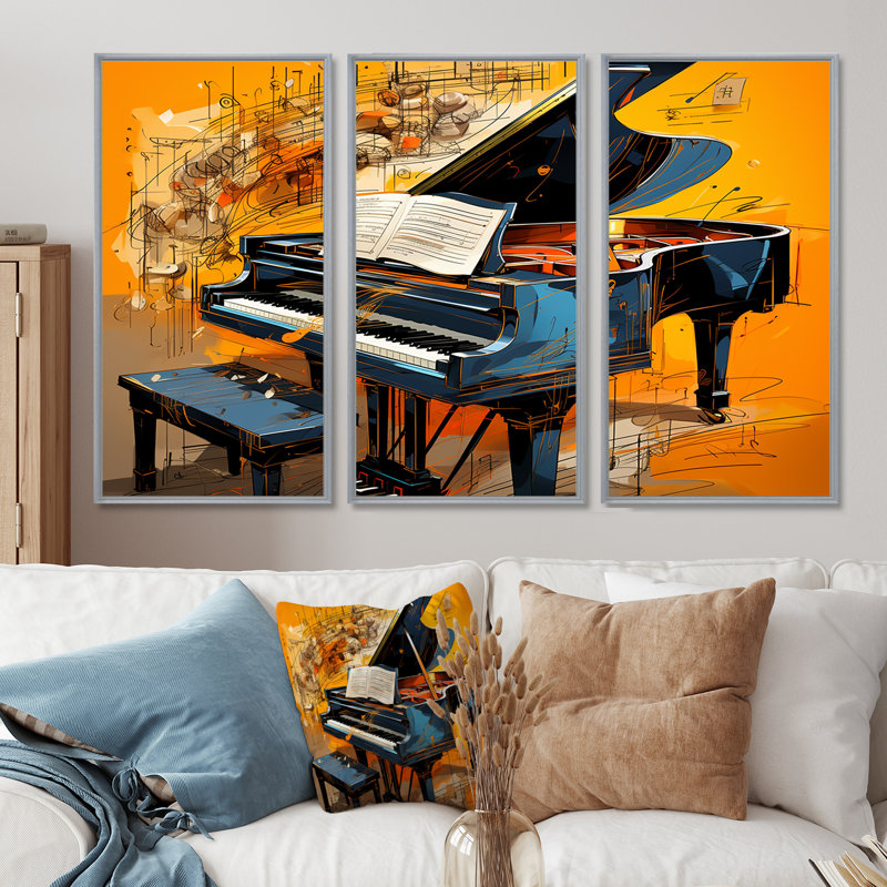 Black Piano Retro Collage Musical Score - Piano Wall Art Decor Set, H 28 po x l 36 po x P 1 po, Encadrement argenté