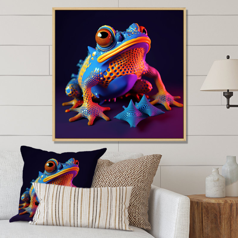 3D Neon Frog I - reproduction sur toile, Cadre naturel flottant, H 24 po x l 24 po x P 1 po
