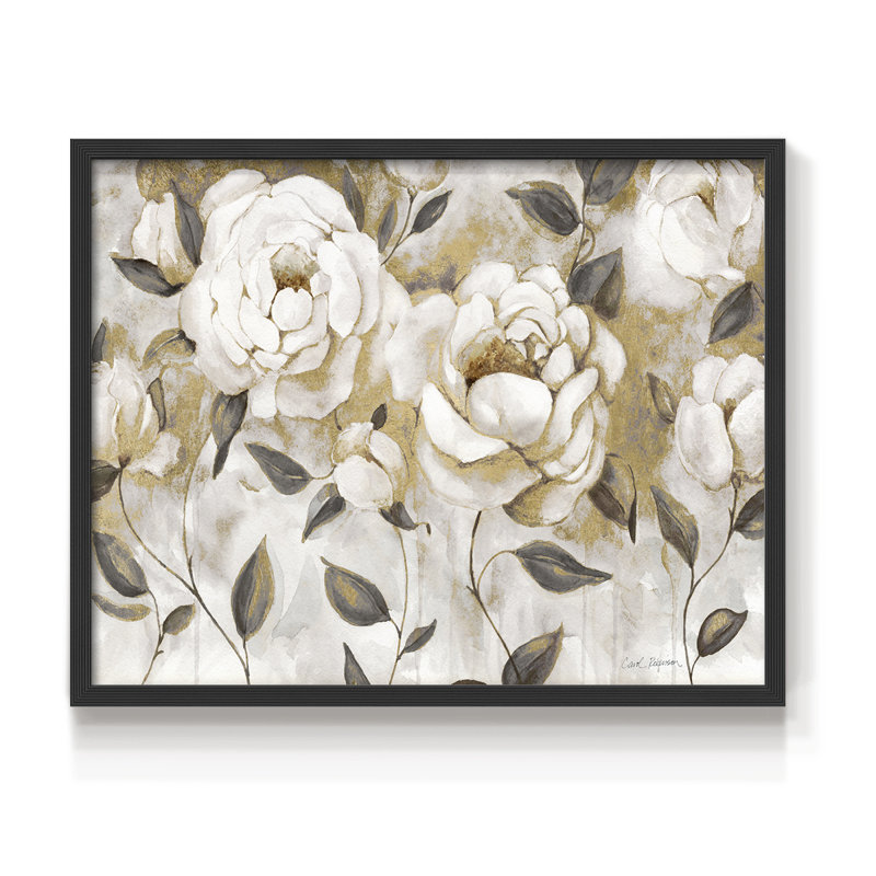 Golden White Roses - reproduction encadrée - réaménageable, H 22 po x l 28 po, Noir, noir, noir, noir