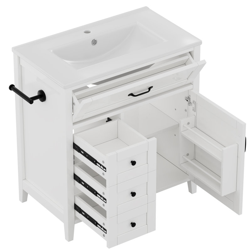 Meuble-lavabo moderne blanc de 76 cm avec lavabo, meuble-lavabo autoportant de style champêtre avec lavabo simple, 3 tiroirs, rangement inclinable, étagères de porte (robinetterie non incluse)