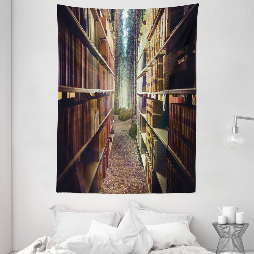 Wandbehang Digitale Illustration von abstraktem Design Bibliothek im Wald Akademisches Thema