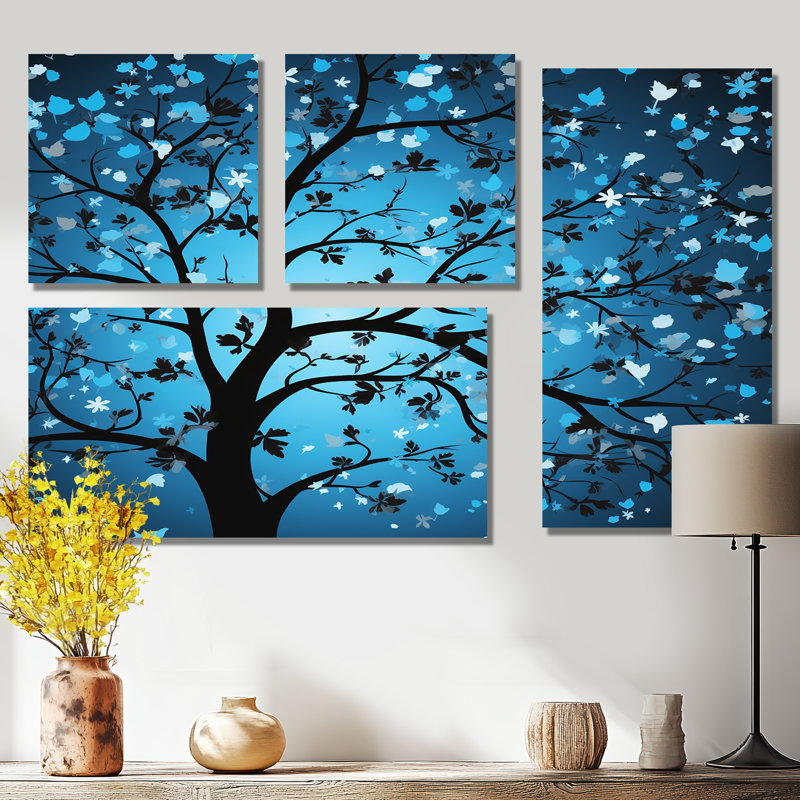 Arbre de lune bleu Revery I - art mural moderne 4 pièces, Toile tendue, Ne s’applique pas