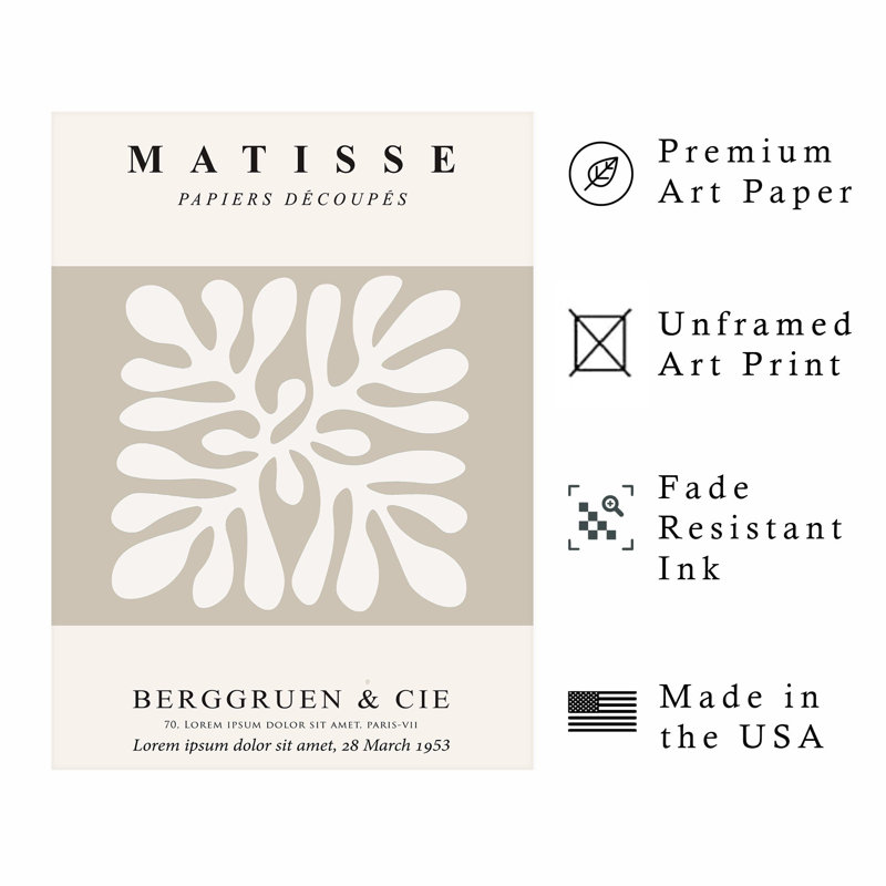 Abstrait matisse abstrait café botanique beige Mid-Century, reproduction d'art moderne sans cadre, H 14 po x l 11 po