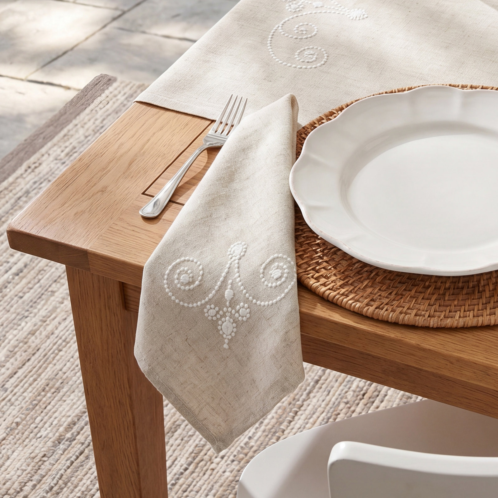 French Perle Embroidered Linen Napkin