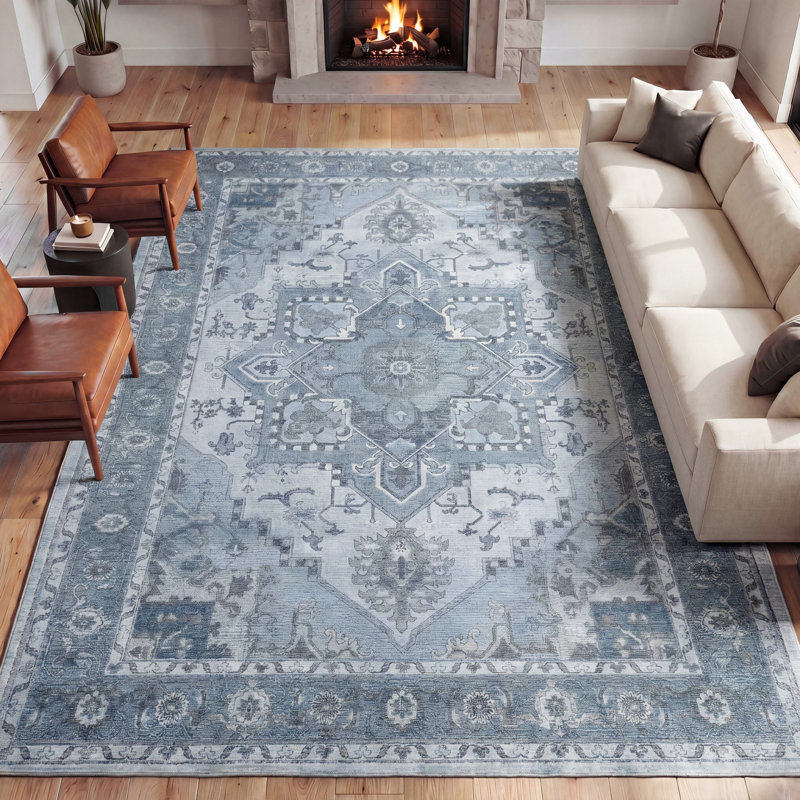 Tapis antidérapant Sersi Ornate, Bleu gris / crème, Rectangle 8' x 10'