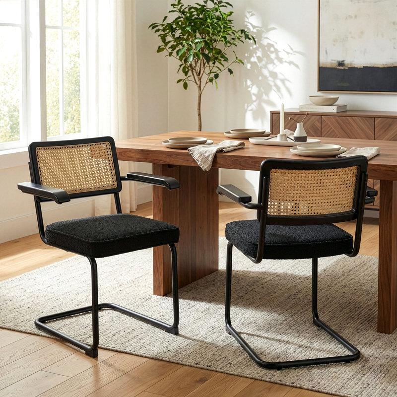 Boucle Low Rattan Back Arm Chair, Black