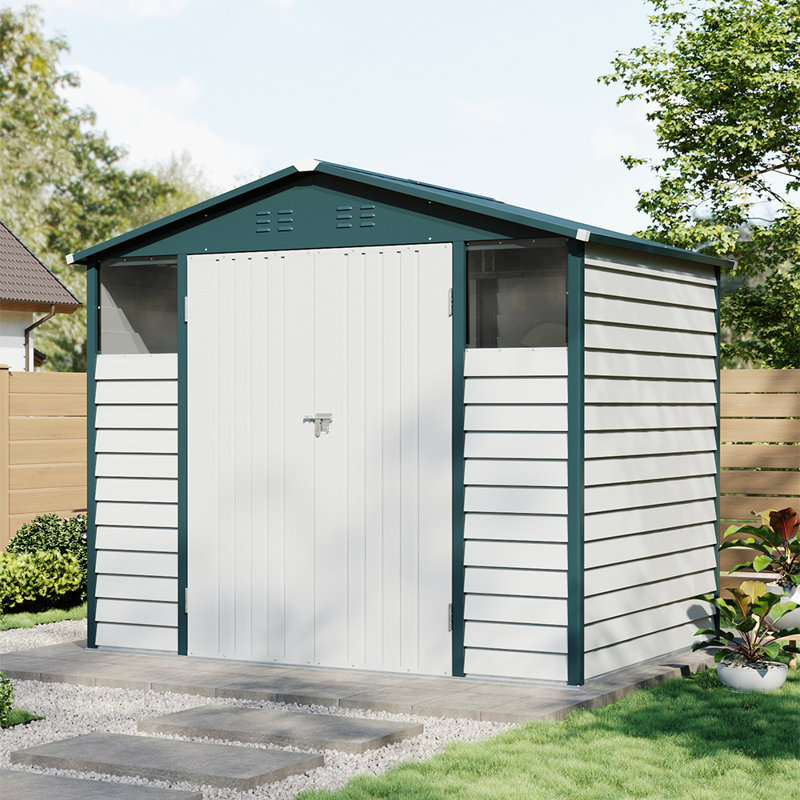 8x5.7FT Metal Apex Roof Garden Storage Shed, White/Green