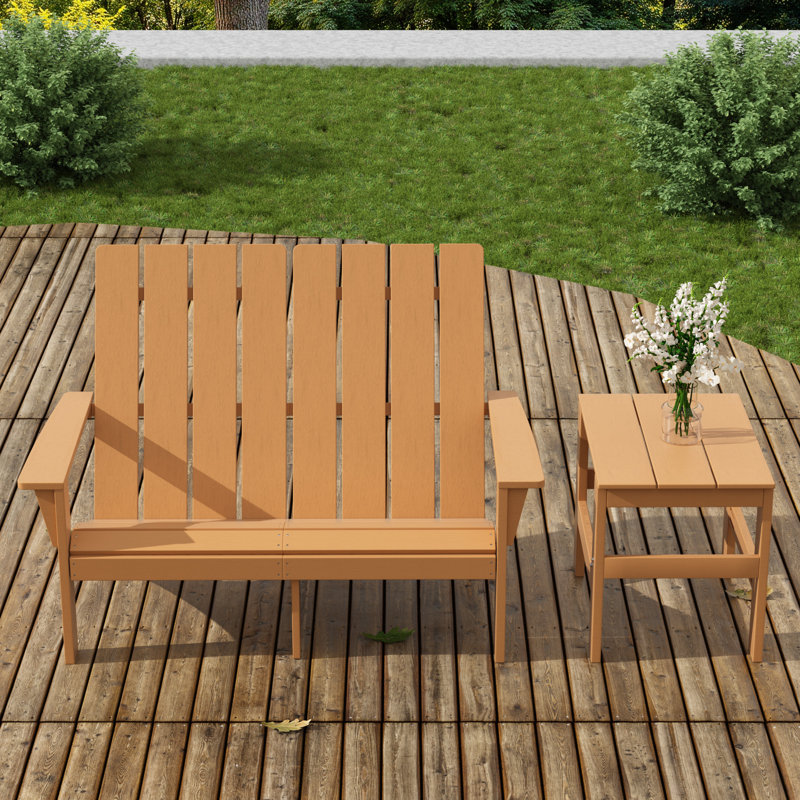 Modern Adirondack Outdoor Loveseat With Side Table, Weather-Resistant Patio Seating Set For Backyard Comfort, Tan