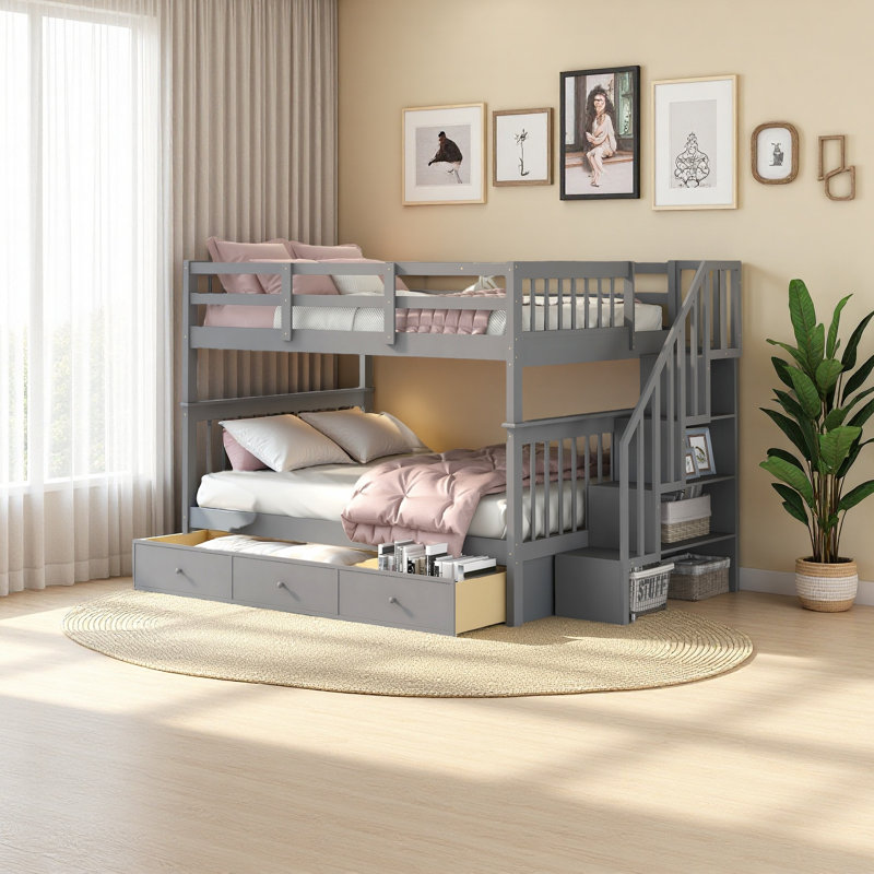 Lit superposé en escalier avec tiroir, rangement et garde-corps pour chambre à coucher, Gris