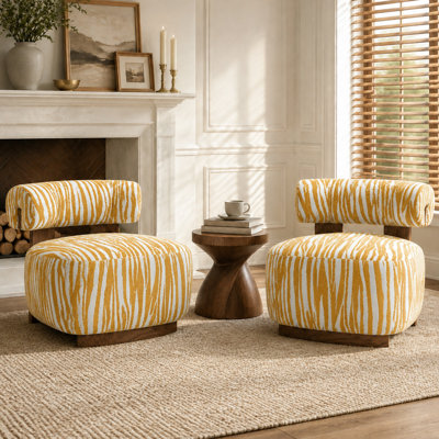 2-Pieces Zebra Strips Accent Chair With Cylindrical Back Chenille Upholstered Cozy Chair With Wood Frame Cute Chair For Living Room, Bedroom