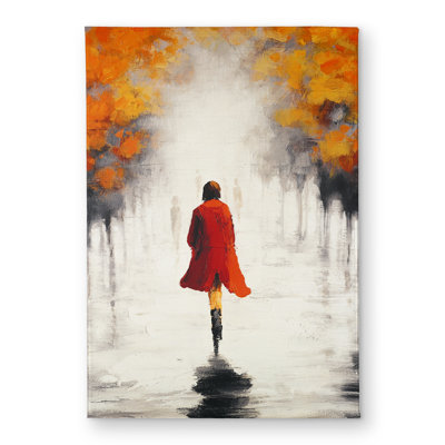 Woman with a Red Coat by Fall - Gray Indoor Outdoor Door Mat