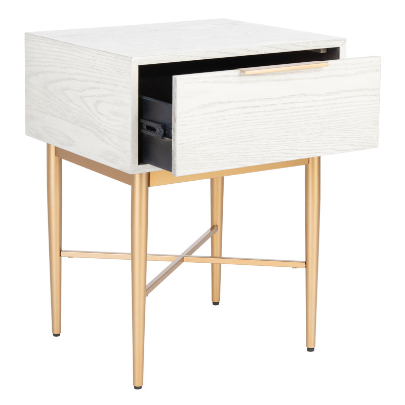 Elegant & Modern Sandoz 19'' W Nightstand –Oak Wood with Sleek Gold Metal Accents for Modern Bedroom, White Washed