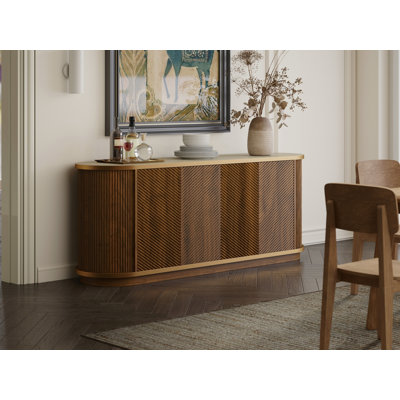 Diagonal Fluted Sideboard Cabinet with Gold Trim and Marble Top