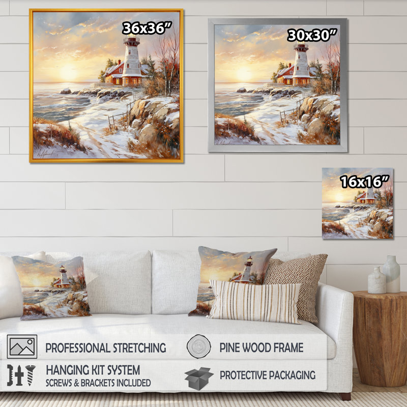 «Coastal Light House Charm in Winter I», reproduction sur toile, Cadre naturel flottant, 24" H x 24" W