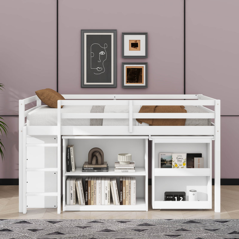 Lit mezzanine simple avec ensemble de tiroirs, tablette et bureau coulissant, Blanc