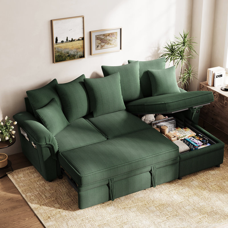  Canapé modulaire en L 90,5 po Felipe avec rangement, canapé-lit et port USB Felipe, Velours côtelé vert Elio