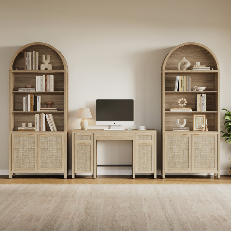 Boho Rattan 3-Drawer Storage Desk With 2 Cabinets And Adjustable Shelves, Light Oak, 1