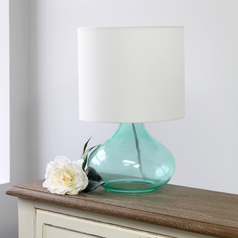 Aqua Glass Gourd Nightstand Lamp with White Barrel Shade