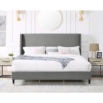 Luxury King Bed - Gray Velvet Wingback For A Stylish Bedroom Platform With Elegant And Practical