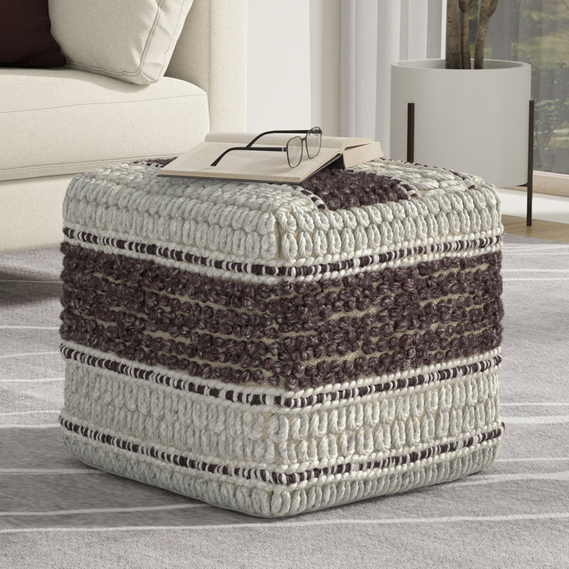 Pouf carré en laine et coton Grady, Magenta / naturel
